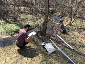 UD environmental engineering students Tommy Brevold and Lily Peterson conducting research along the Red Clay Creek (Apr 2021).
